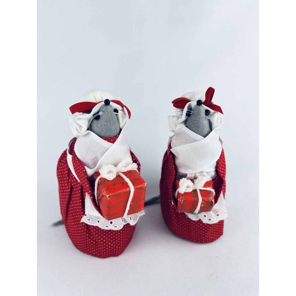 Vintage Handmade Lot Of 2 Christmas Mouse Mice w/ Dress & Bonnet Presents Decor